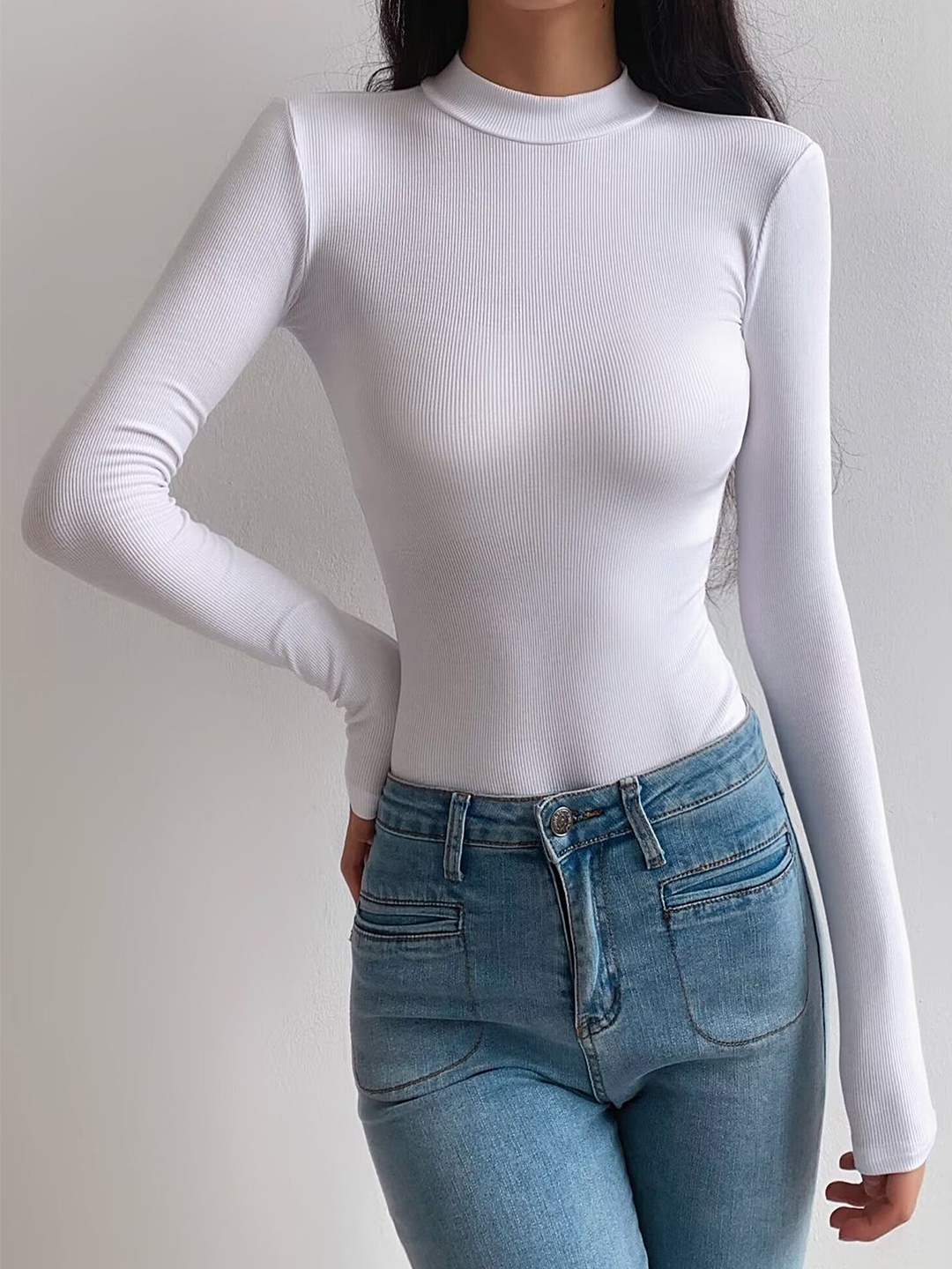

LULU & SKY Women High Neck Ribbed Cotton Bodysuit, White