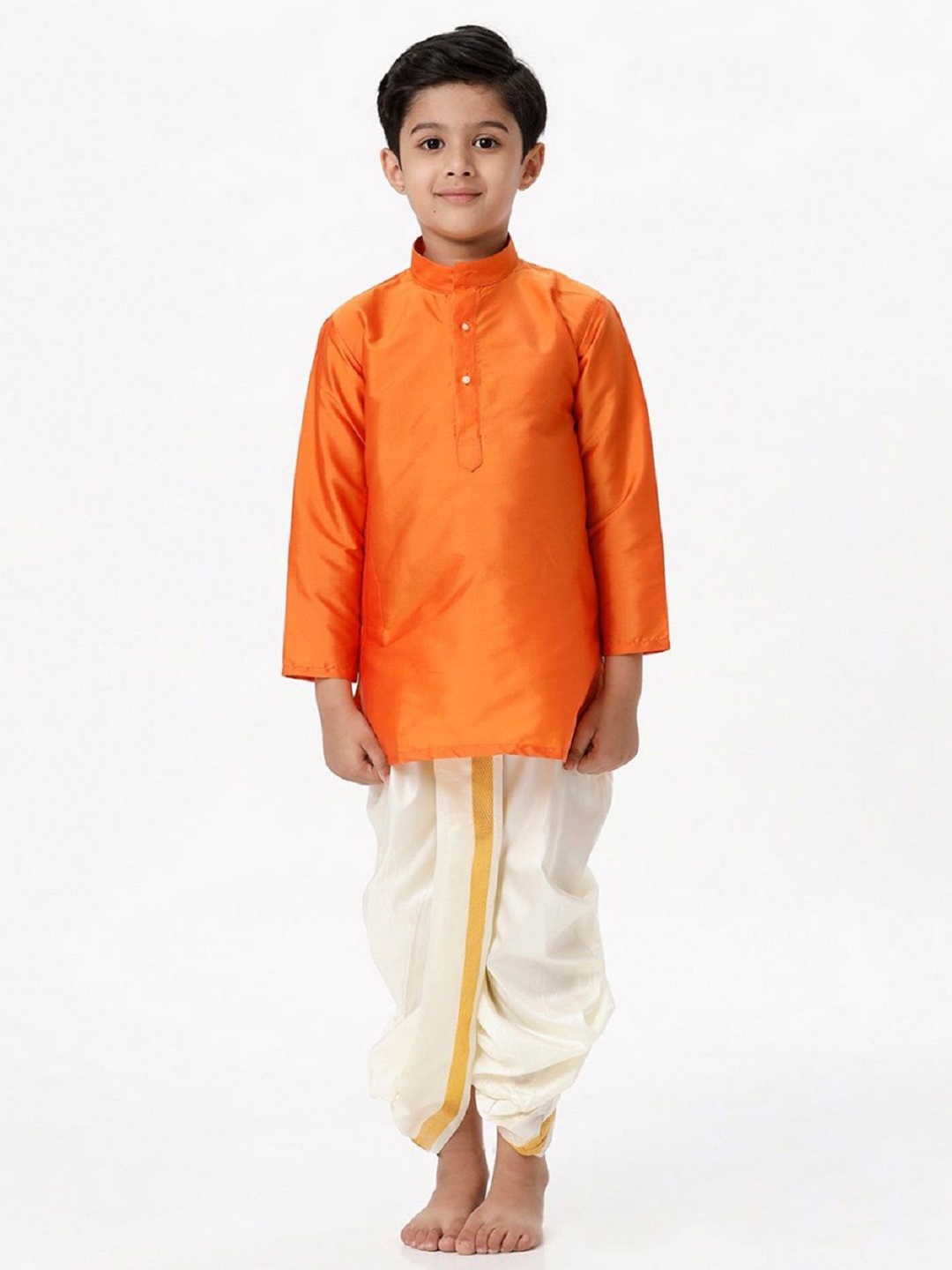 

Ramraj Boys Solid Long Sleeve Kurta with Panchakacham, Orange