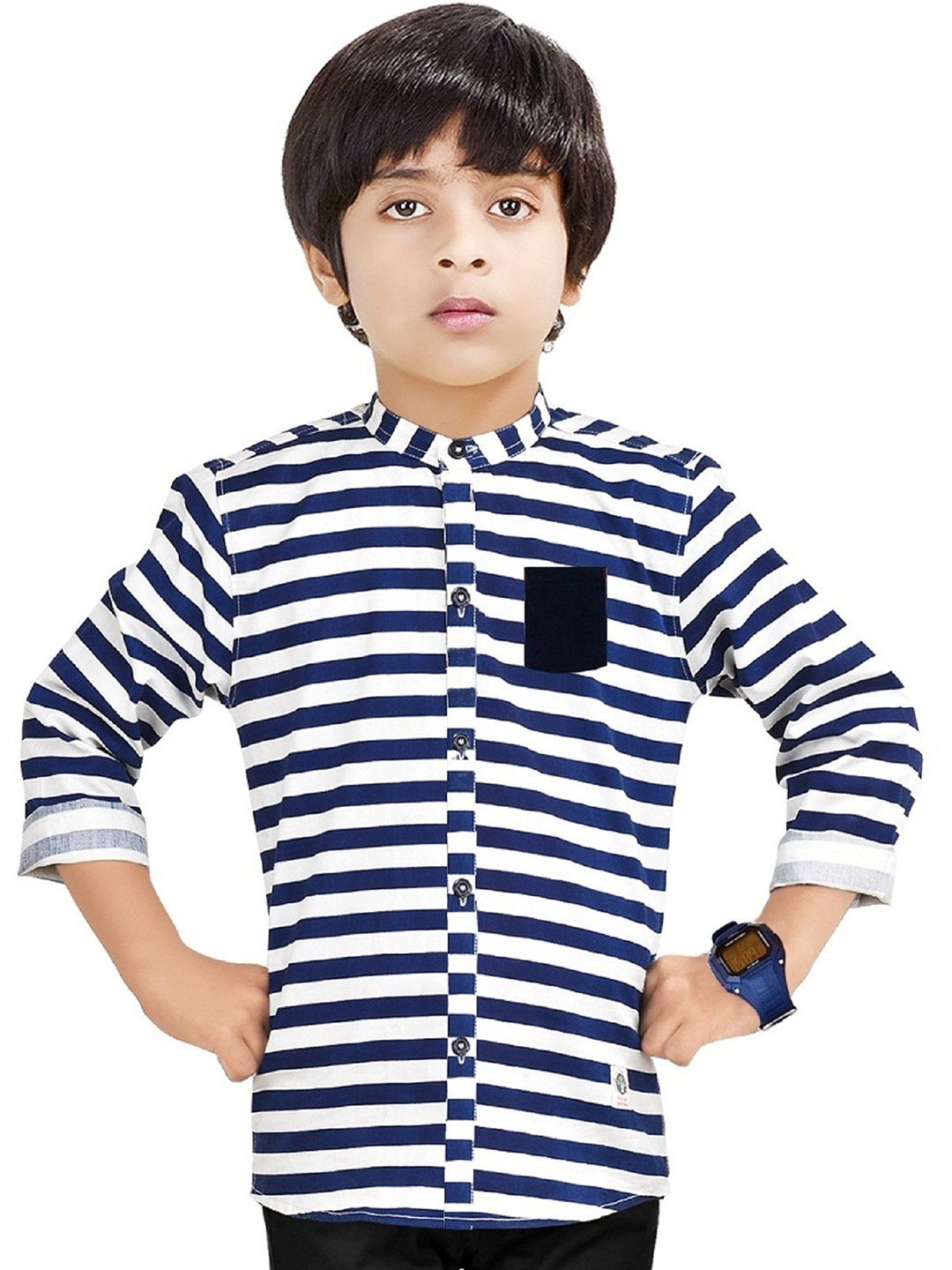 

MADE IN THE SHADE Boys Band Collar Horizontal Striped Cotton Casual Shirt, Blue