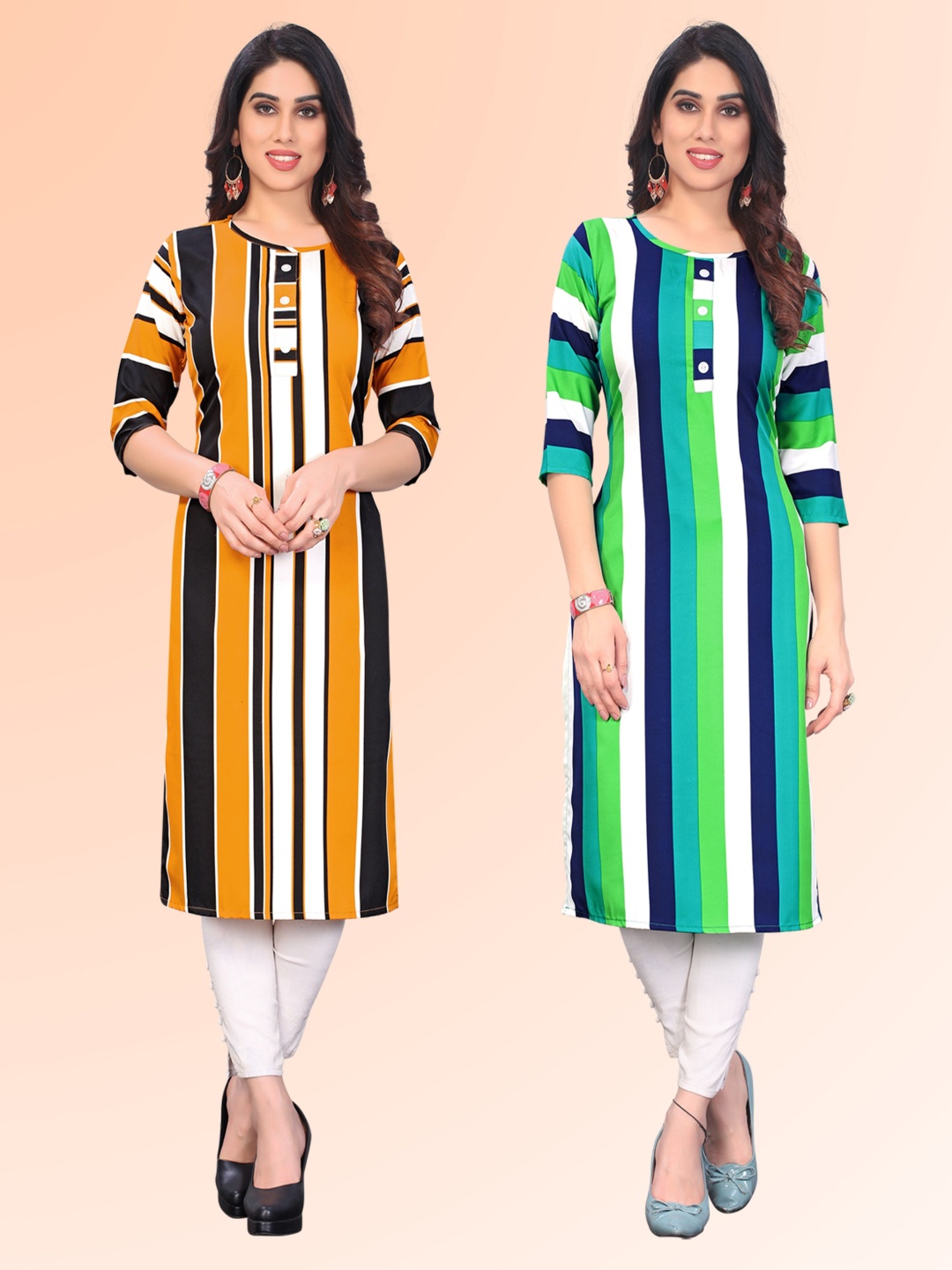 

KETAKI FASHION Selection of 2 Striped Round Neck Straight Kurtas, Mustard