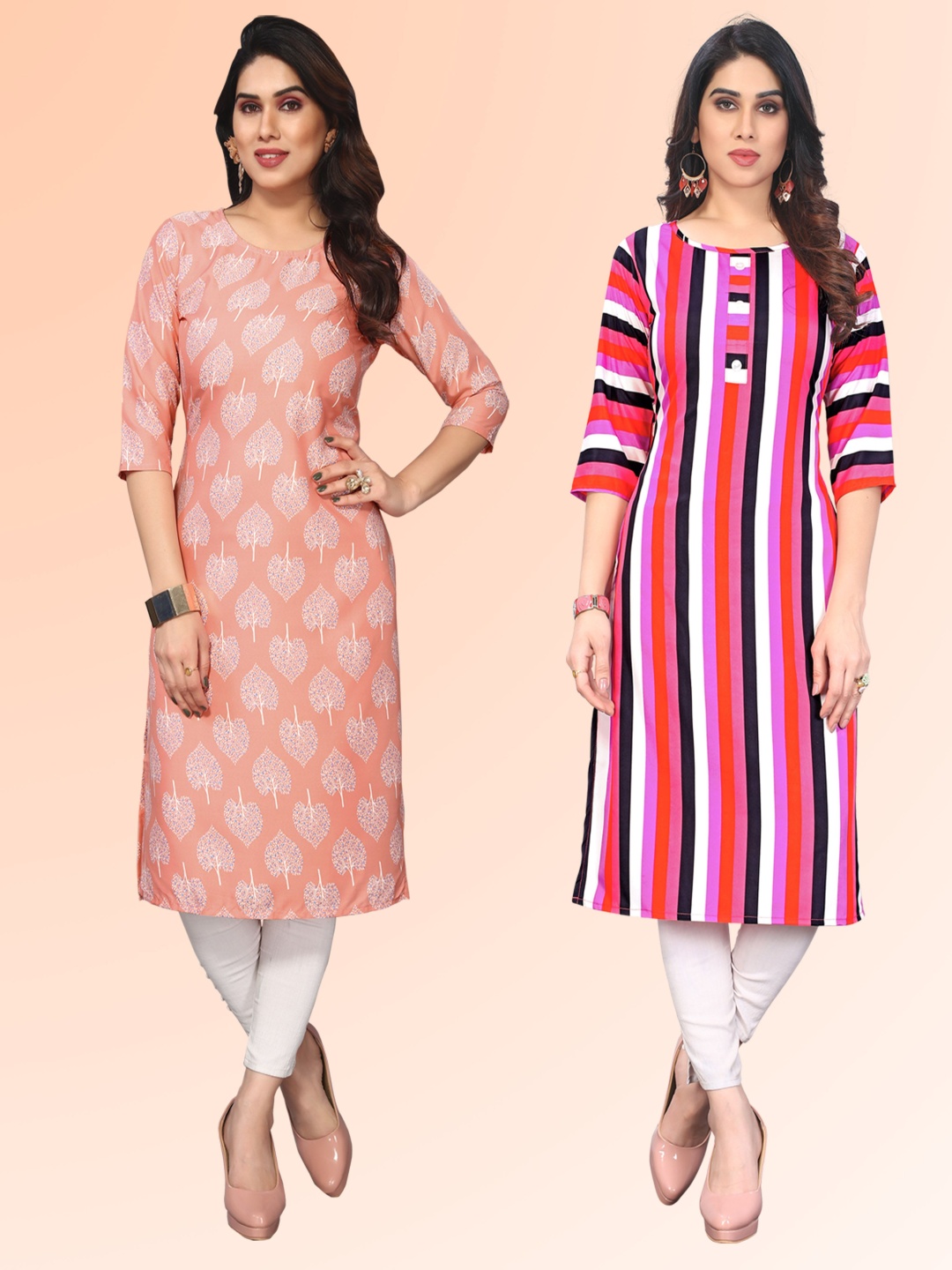 

KETAKI FASHION Selection of 2 Floral Printed Round Neck Straight Kurtas, Peach