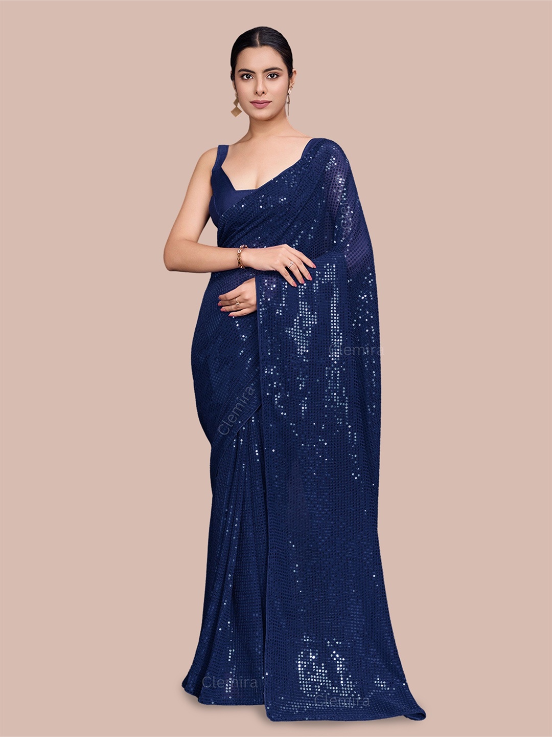 

FashionsEye Embellished Sequinned Pure Georgette Saree, Blue