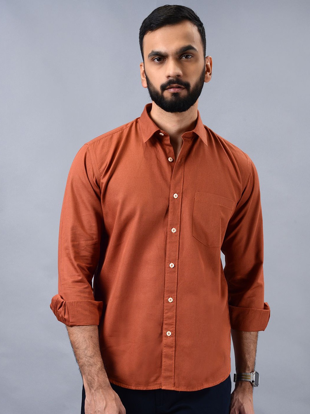 

Greenfibre Men Spread Collar Solid Slim Fit Cotton Casual Shirt, Rust