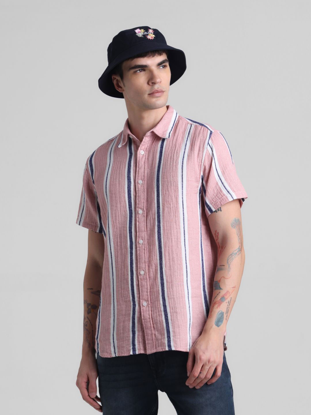 

Jack & Jones Men Spread Collar Multi Striped Cotton Casual Shirt, Pink