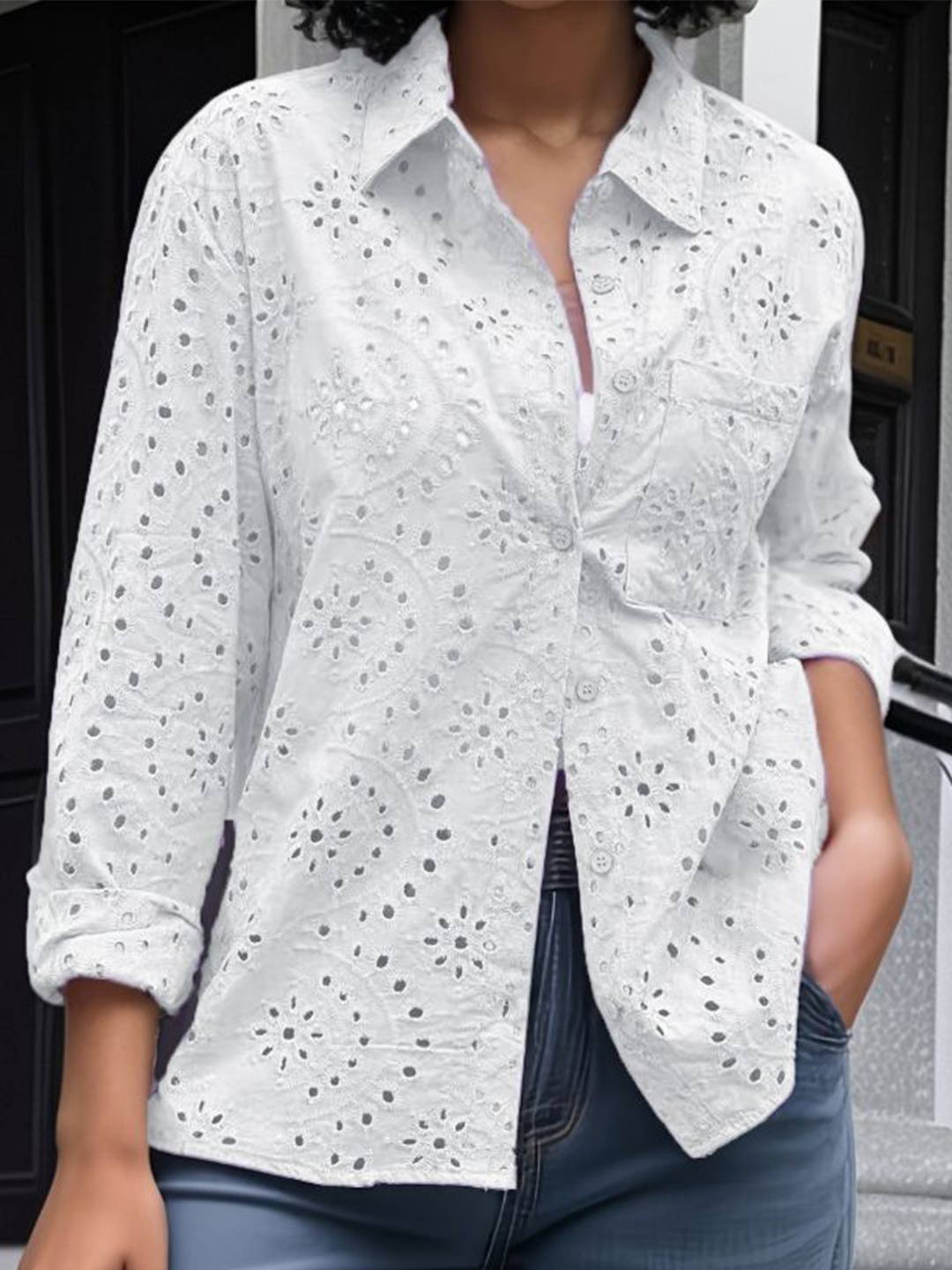

StyleCast Women Spread Collar Textured Casual Shirt, White