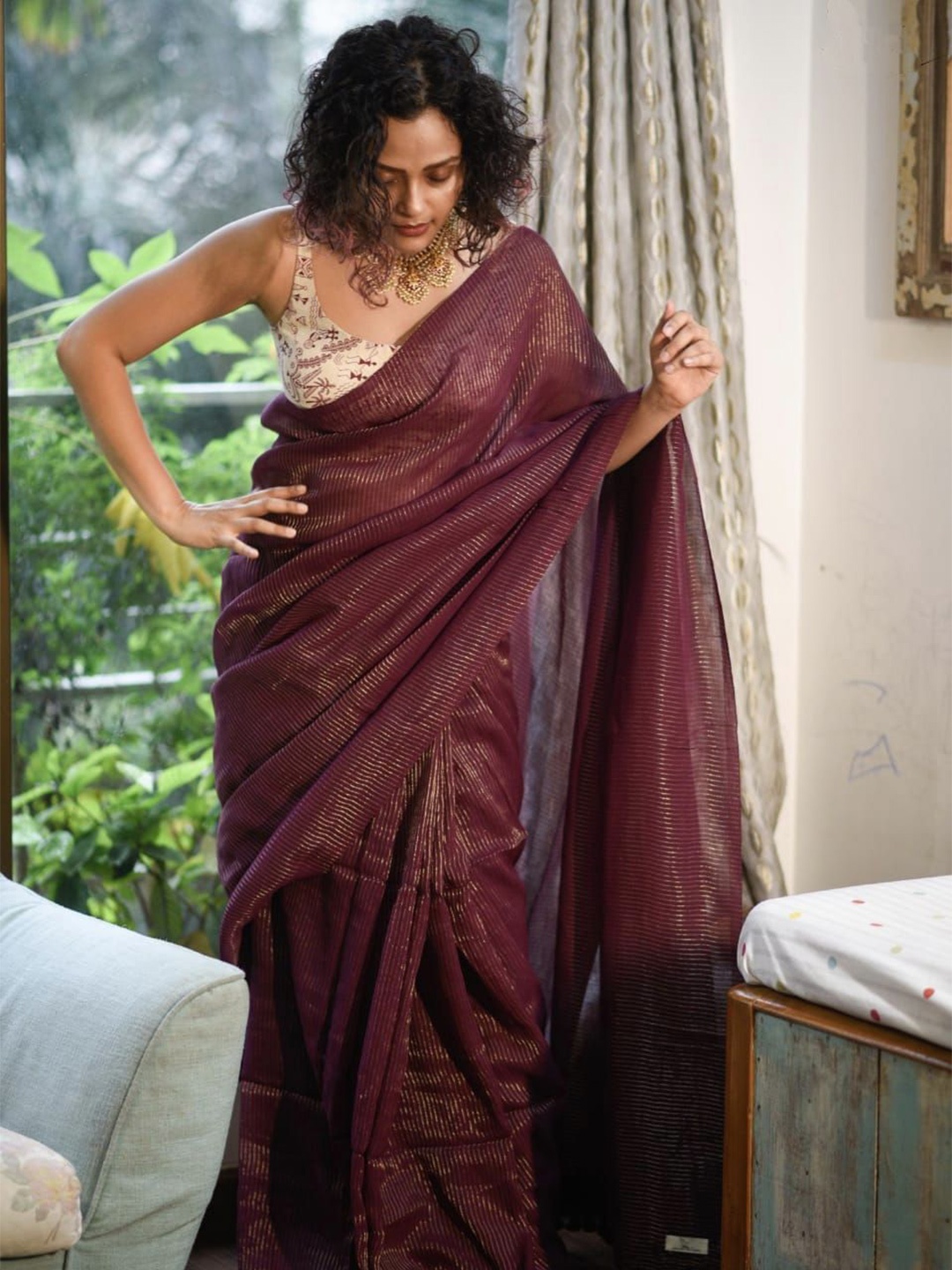 

Ruuprekha Striped Zari Pure Cotton Saree, Maroon