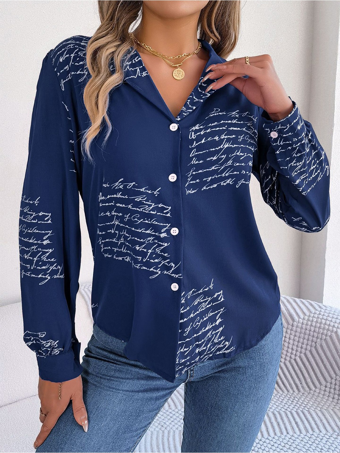

StyleCast x Revolte Women Cuban Collar Typography Printed Casual Shirt, Navy blue