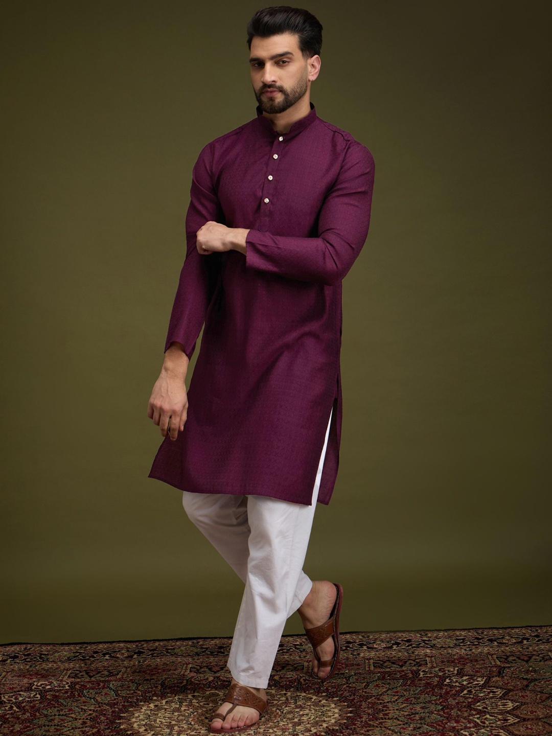 

Anouk Purple Striped Embroidered Sequinned Mandarin Collar Straight Kurta, Maroon
