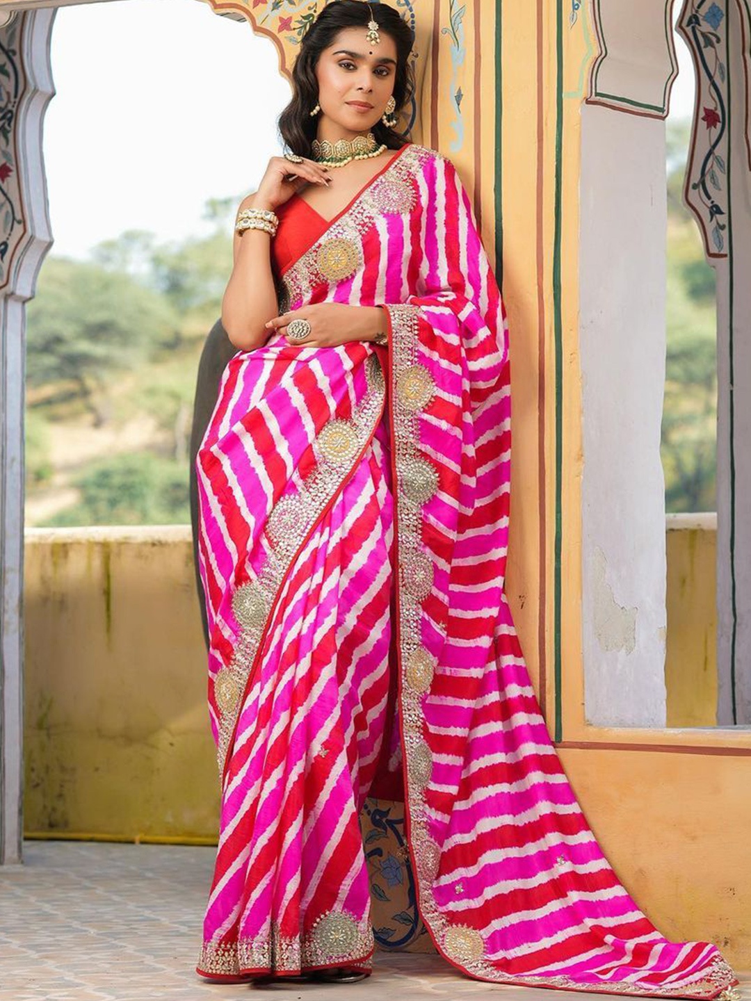 

LeeliPeeri Designer Printed Embroidered Leheriya Saree, Pink