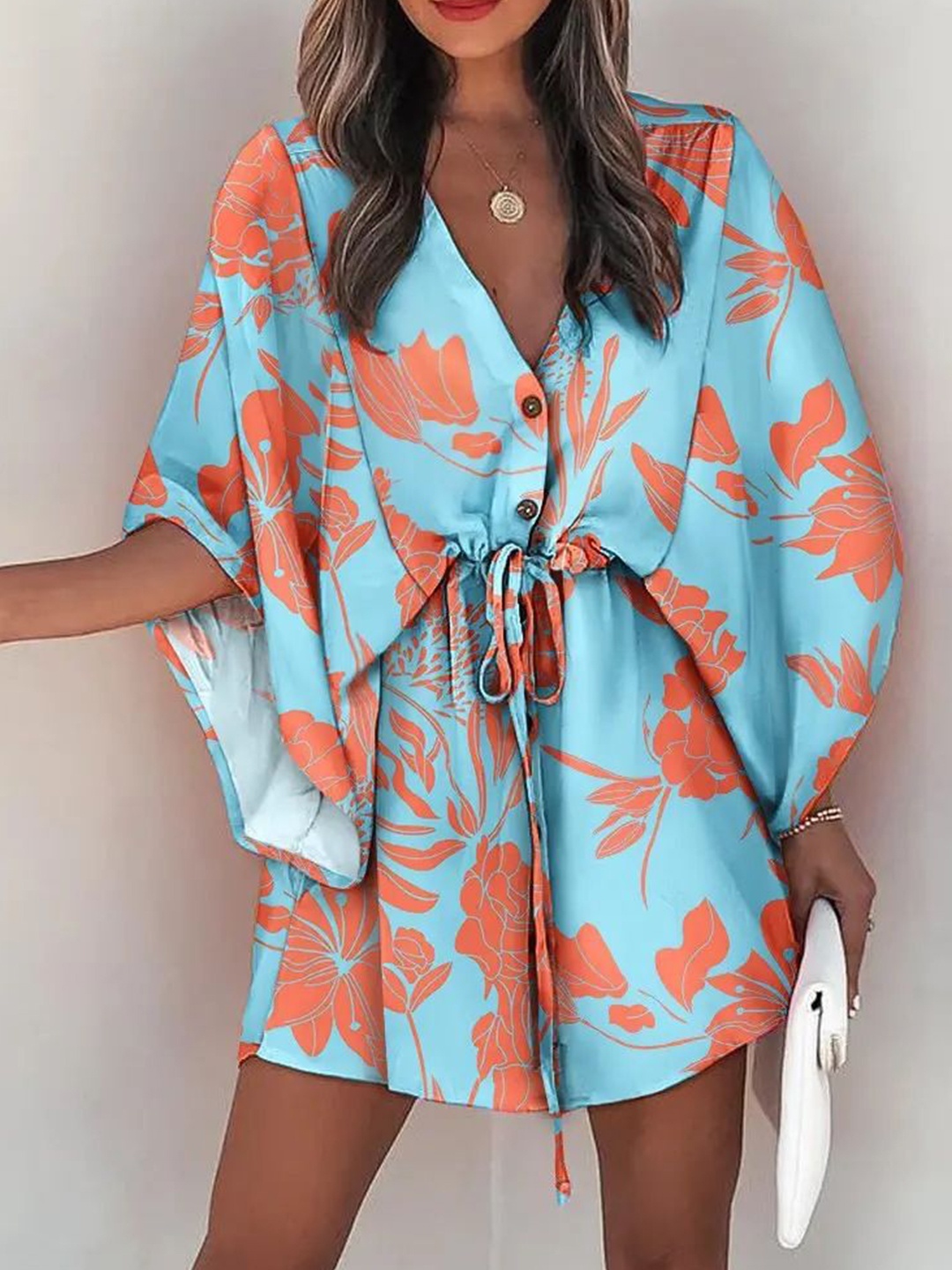 

StyleCast Floral Print Kimono Sleeve Kaftan Mini Dress, Blue
