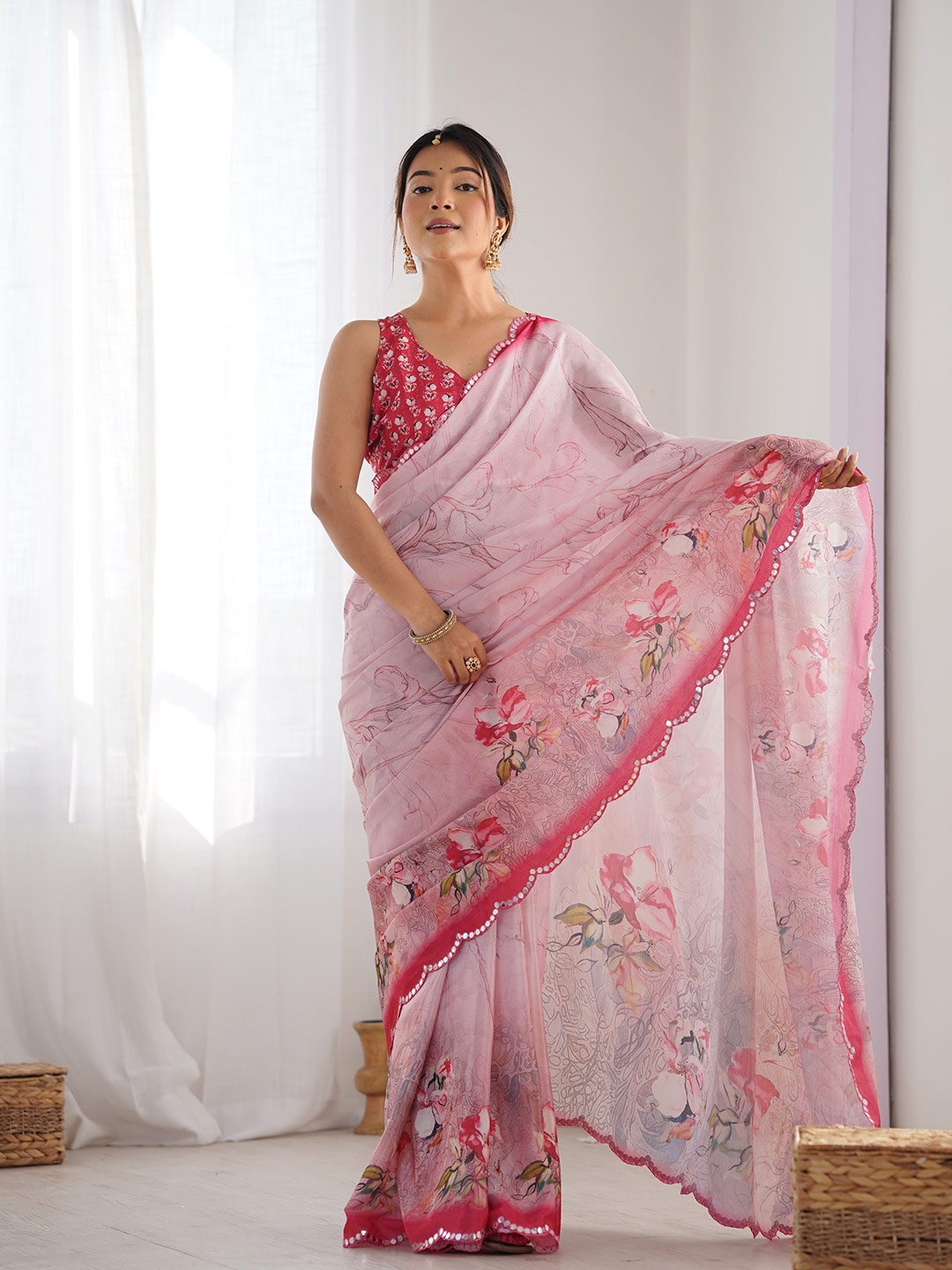 

Kalista Floral Mirror Work Pure Chiffon Saree, Pink