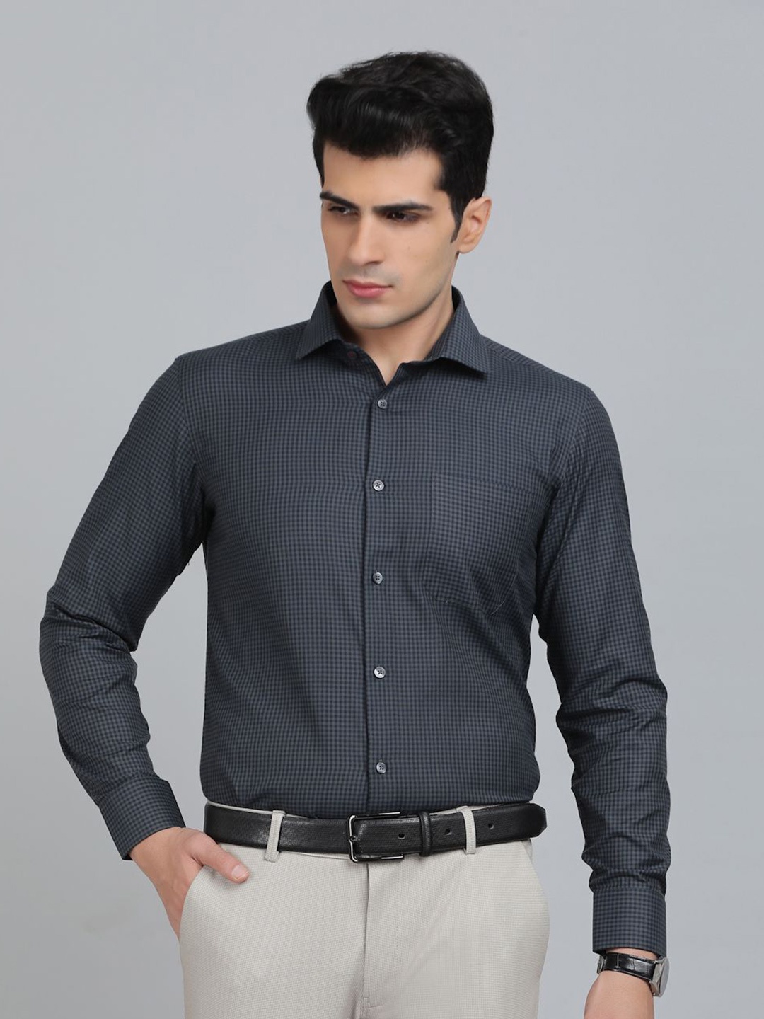 

Greenfibre Men Slim Fit Spread Collar Micro Checked Cotton Formal Shirt, Grey