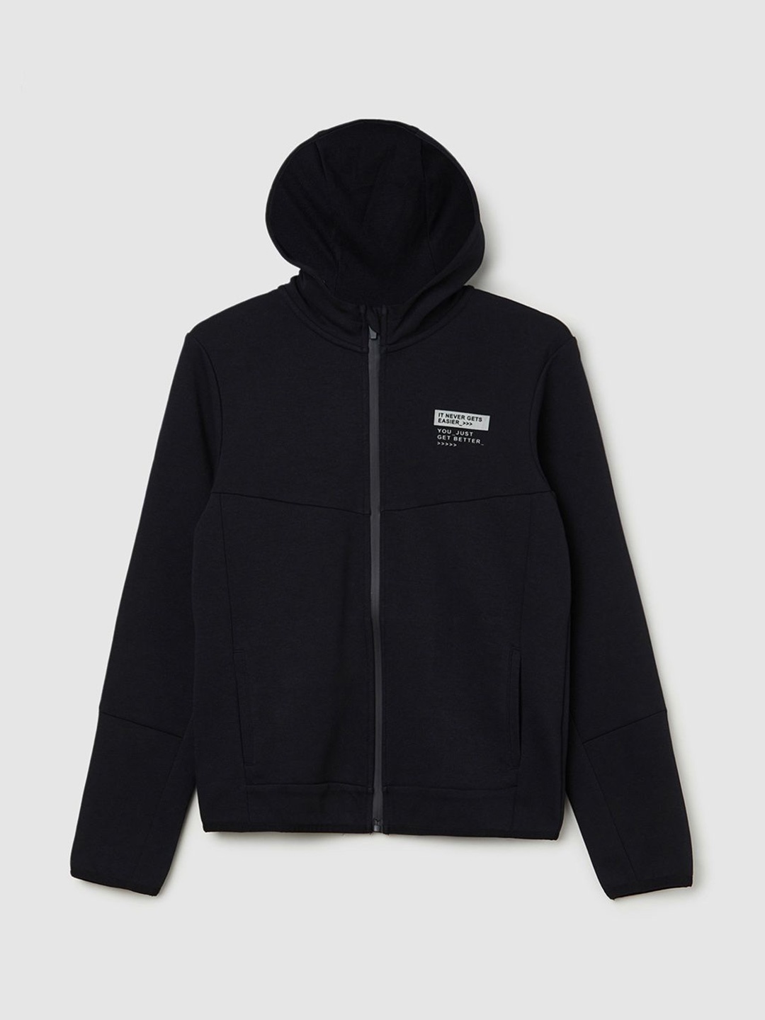 

max Boys Typography Printed Hooded Front-Open Cotton Sweatshirt, Black