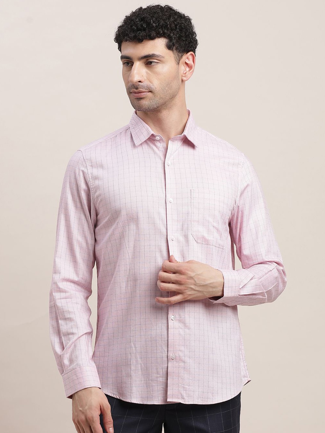 

Turtle Men Standard Slim Fit Spread Collar Grid Tattersall Checked Cotton Formal Shirt, Pink