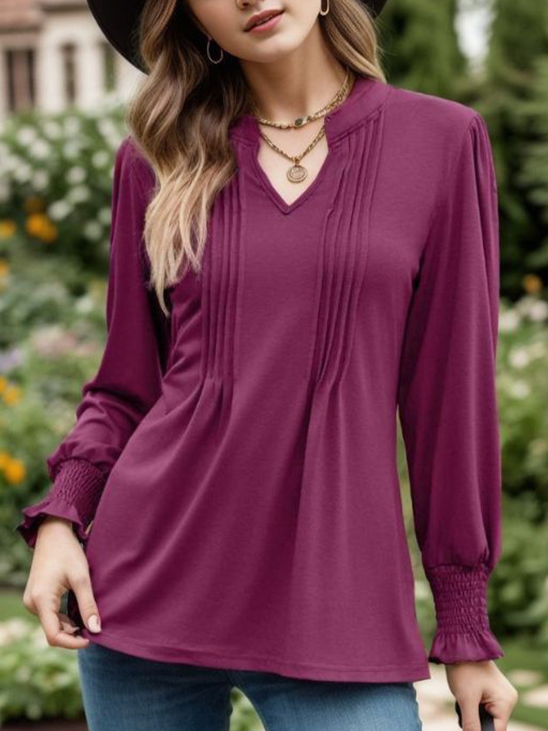 

StyleCast Women Mandarin Collar Cuffed Sleeves Top, Purple
