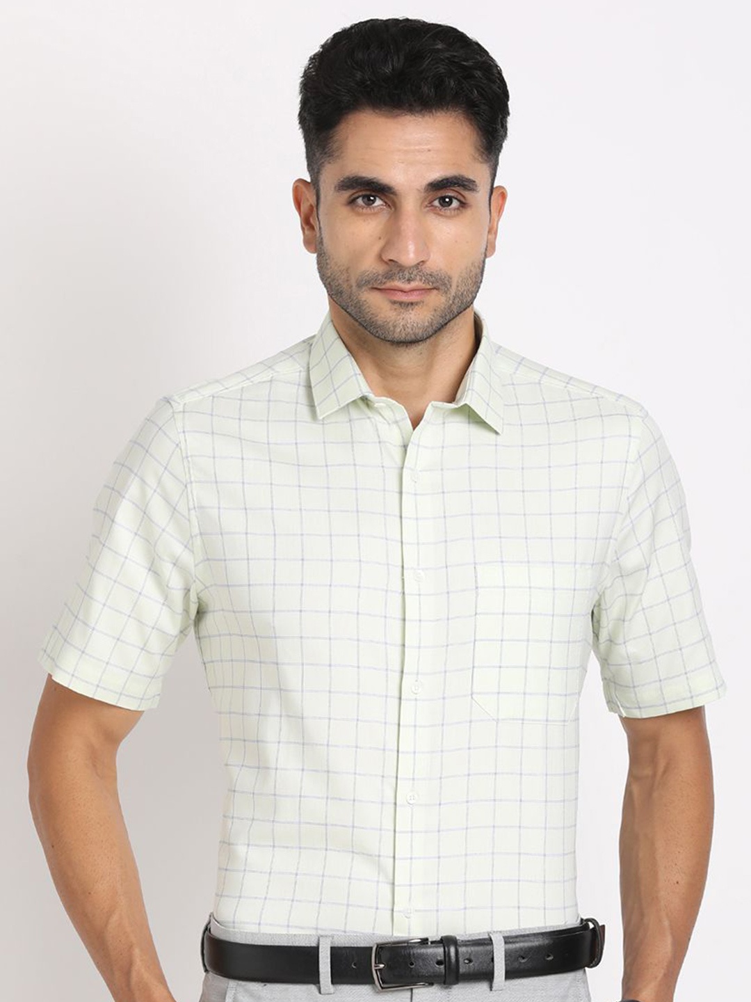 

Turtle Men Standard Slim Fit Spread Collar Grid Tattersall Checked Cotton Formal Shirt, Beige