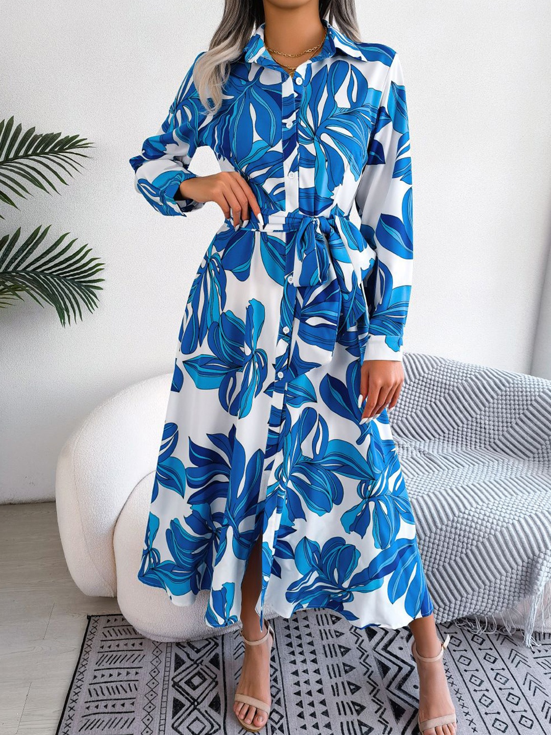 

StyleCast x Revolte Tropical Print Shirt Midi Dress, Blue