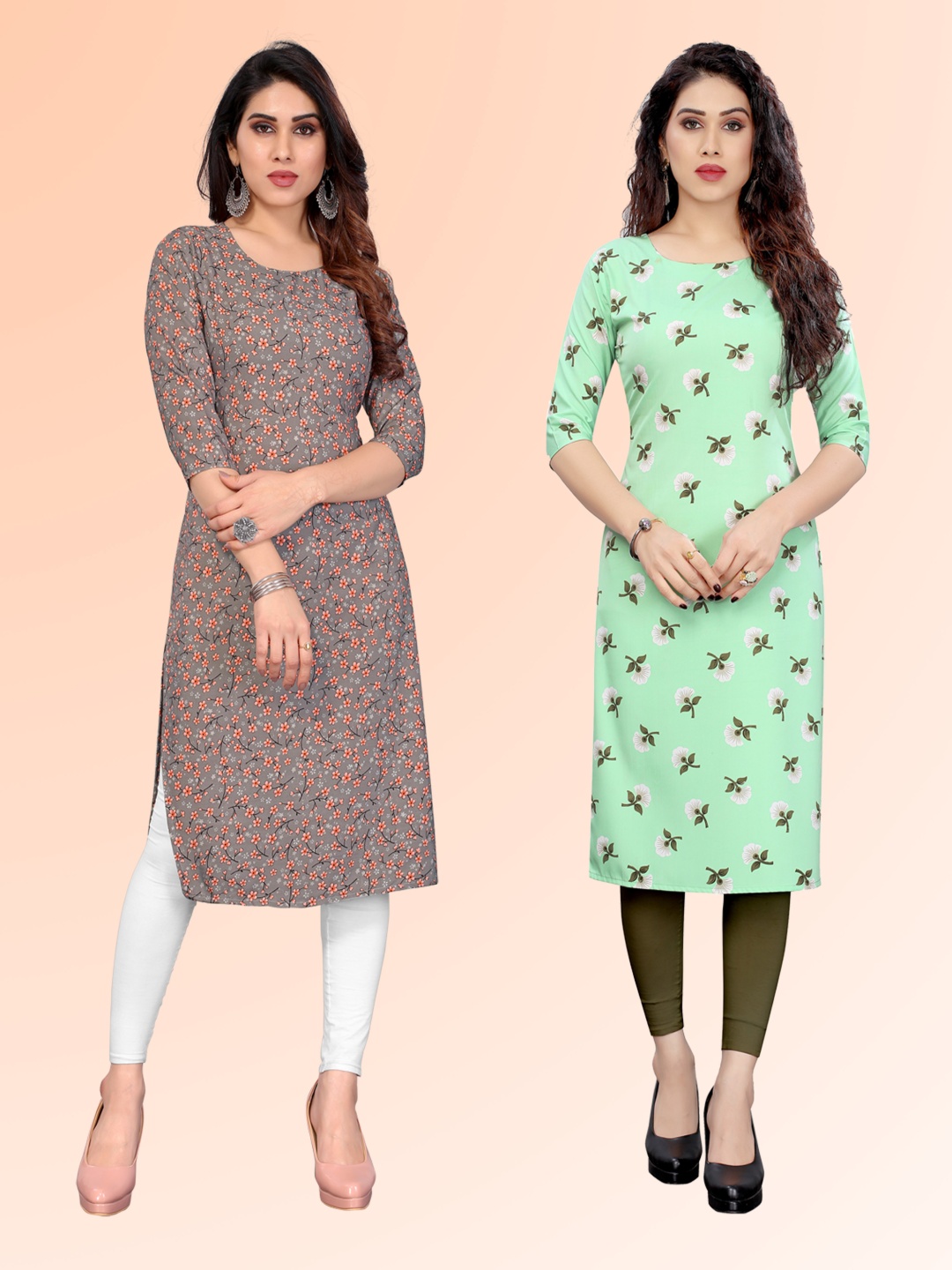 

KETAKI FASHION Selection Of 2 Floral Printed Round Neck Straight Kurtas, Grey