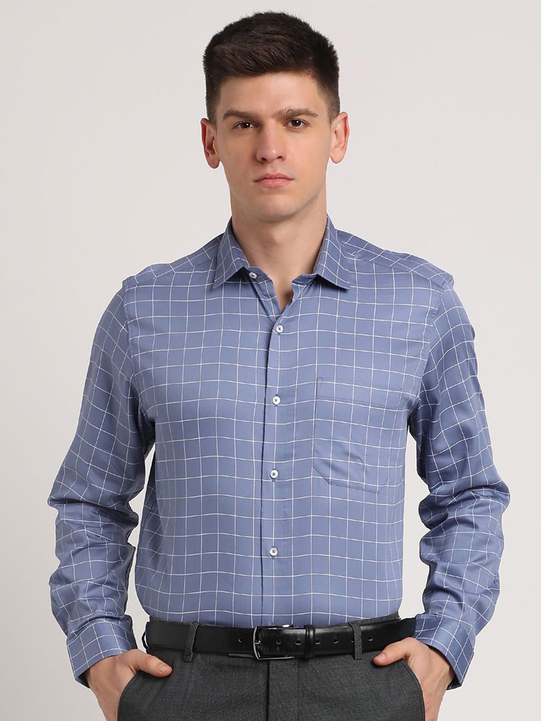 

Turtle Men Standard Fit Spread Collar Grid Tattersall Checked Cotton Formal Shirt, Blue