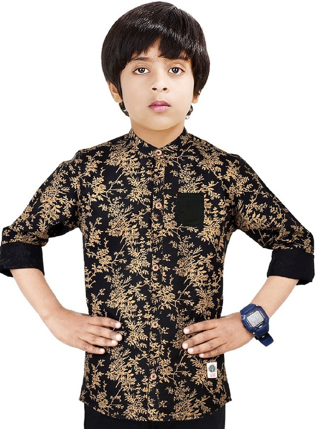 

MADE IN THE SHADE Boys Band Collar Floral Printed Cotton Casual Shirt, Black