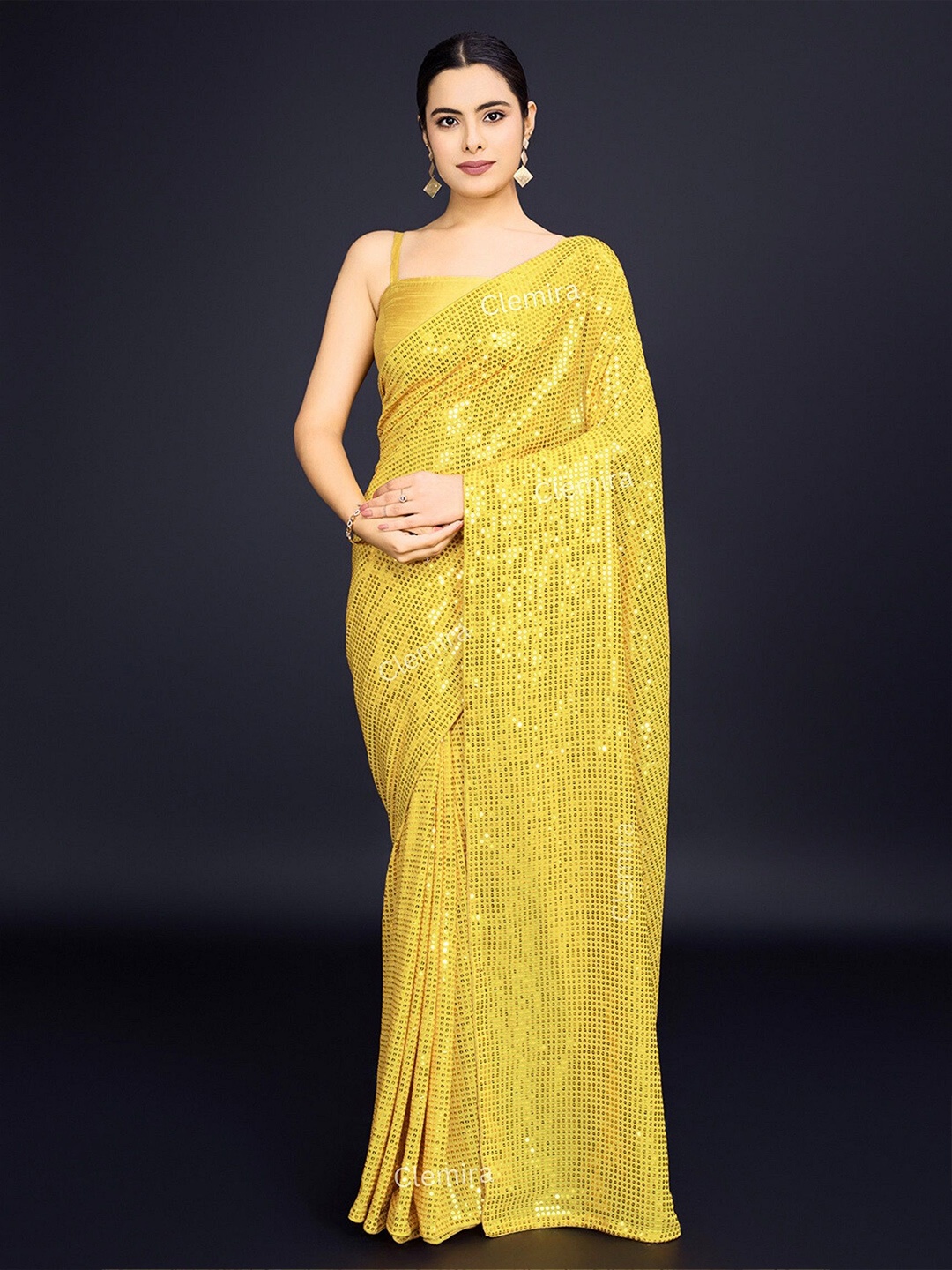 

FashionsEye Embellished Sequinned Pure Georgette Saree, Yellow