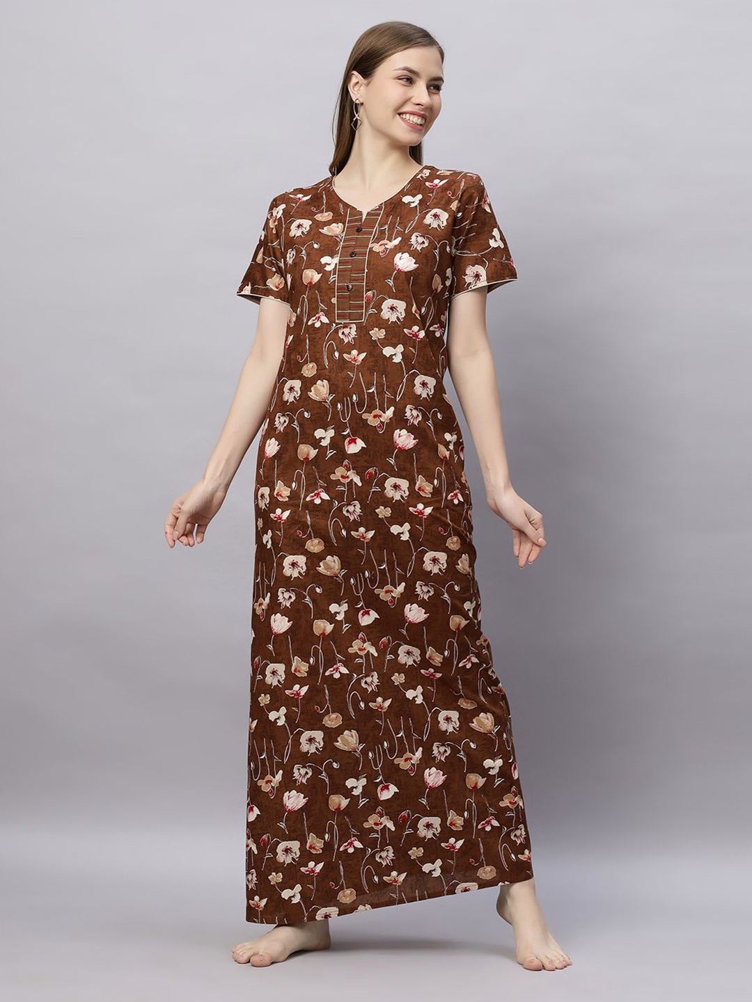 

QUIRA Women Floral Printed Maxi Nightdress, Brown