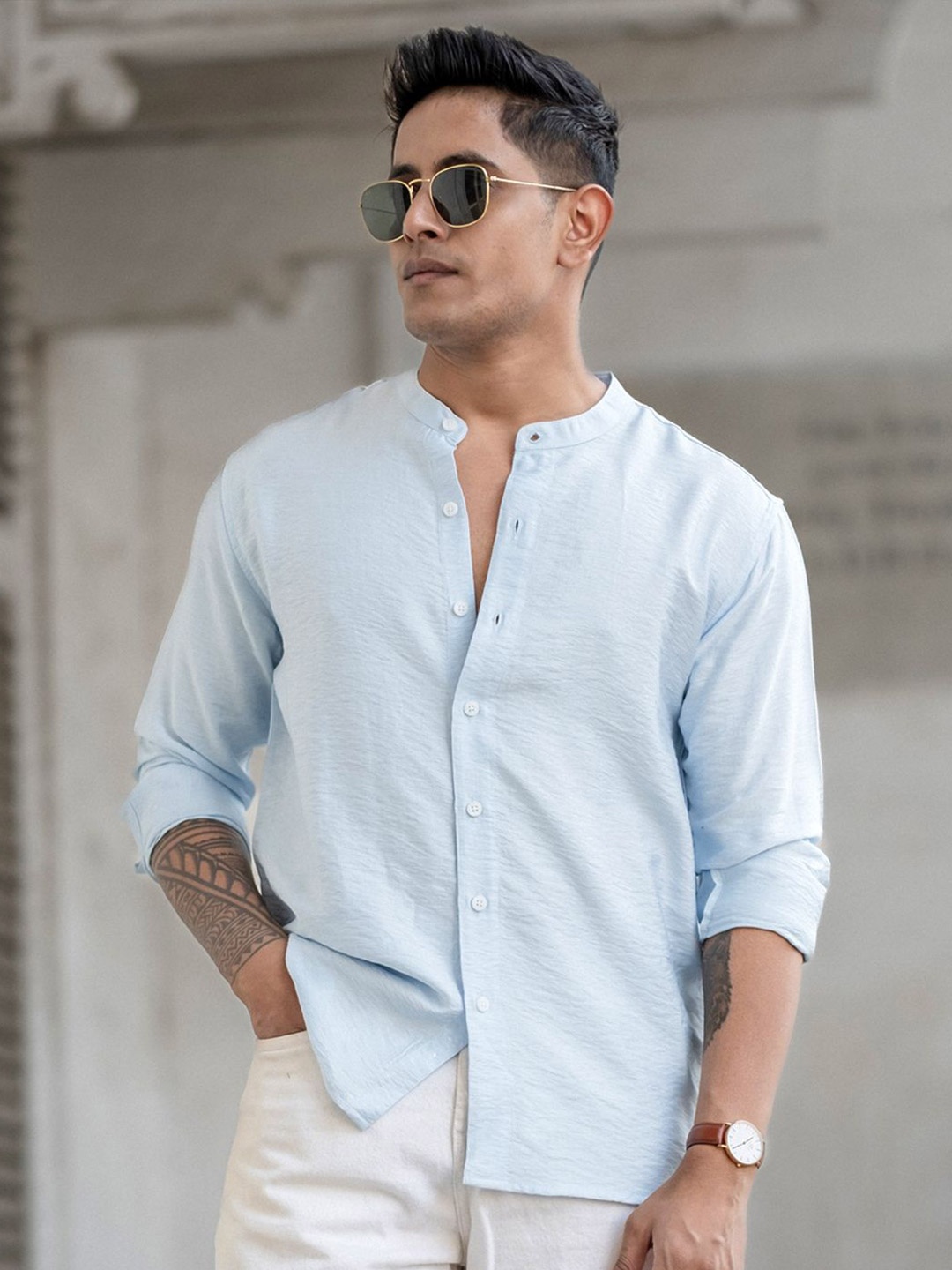 

Powerlook Men Band Collar Textured Casual Shirt, Blue