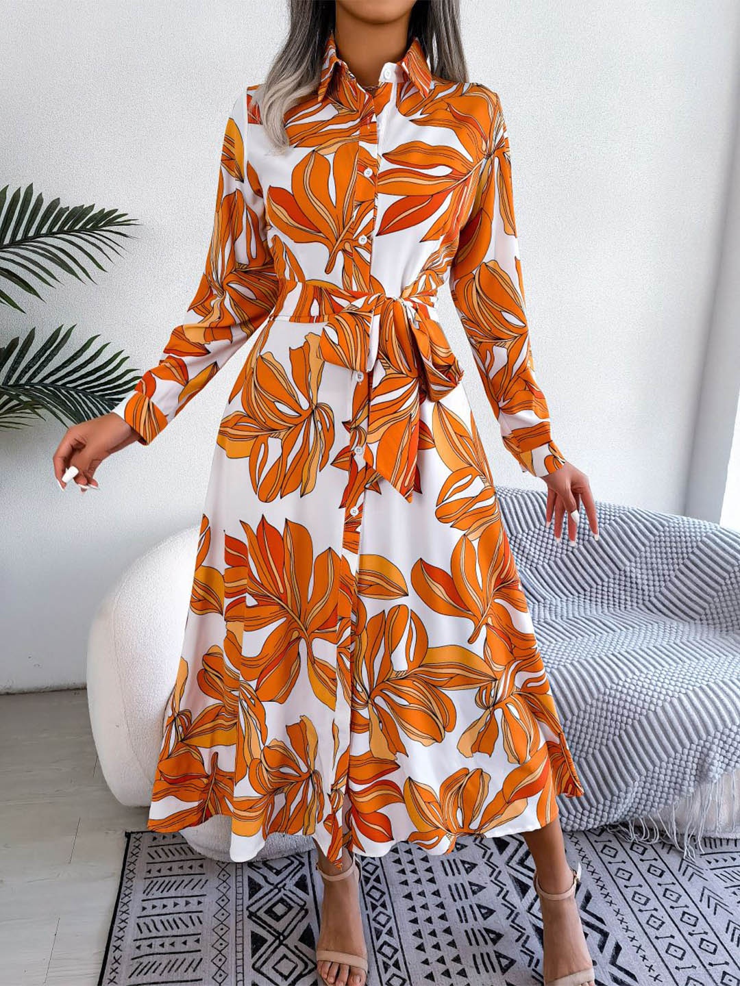 

StyleCast x Revolte Tropical Printed Shirt Midi Dress, Orange