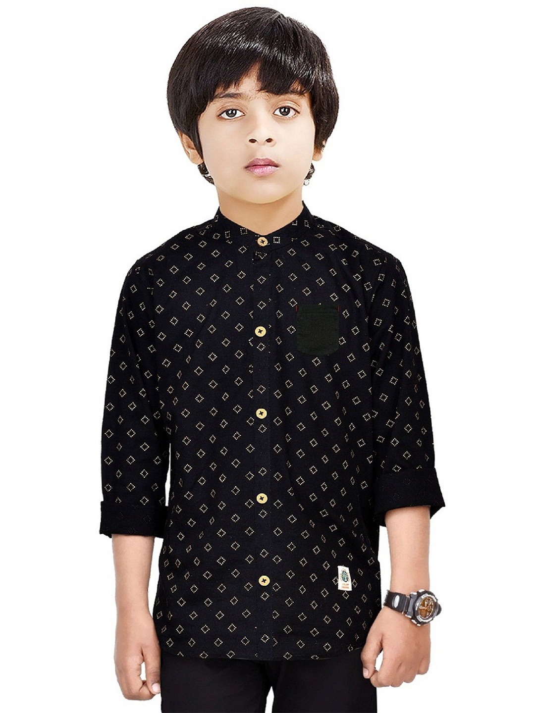 

MADE IN THE SHADE Boys Band Collar Geometric Printed Cotton Casual Shirt, Black