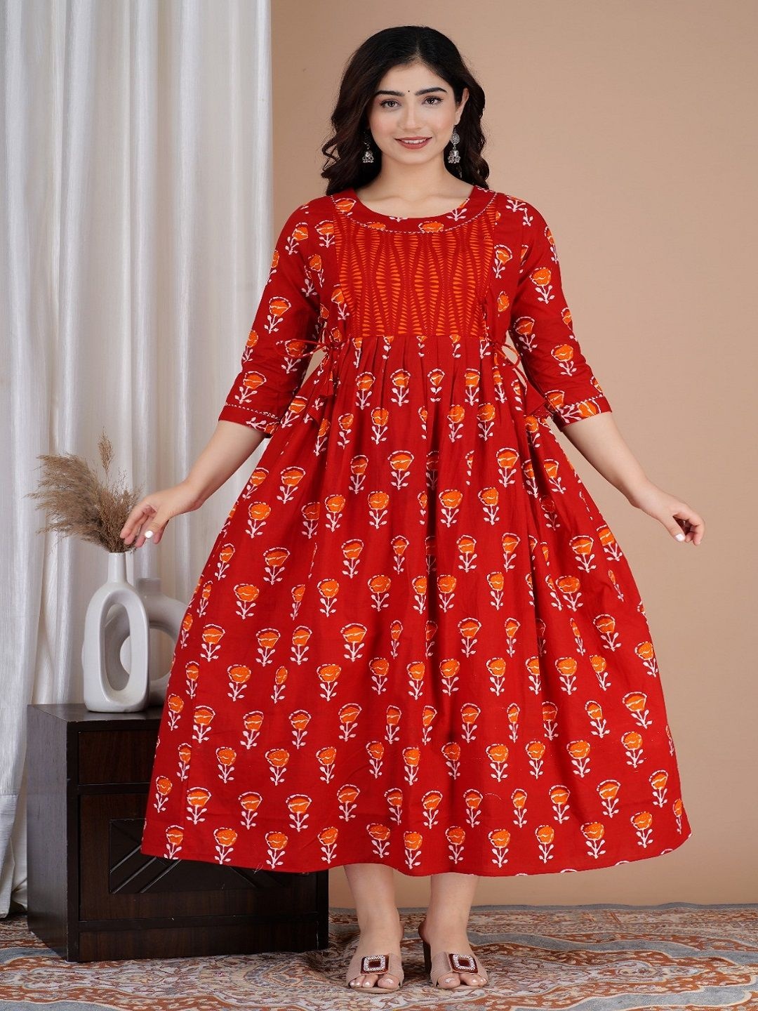 

Nevisha Style Floral Printed Round Neck Gotta Patti Maternity Cotton Anarkali Kurta, Red