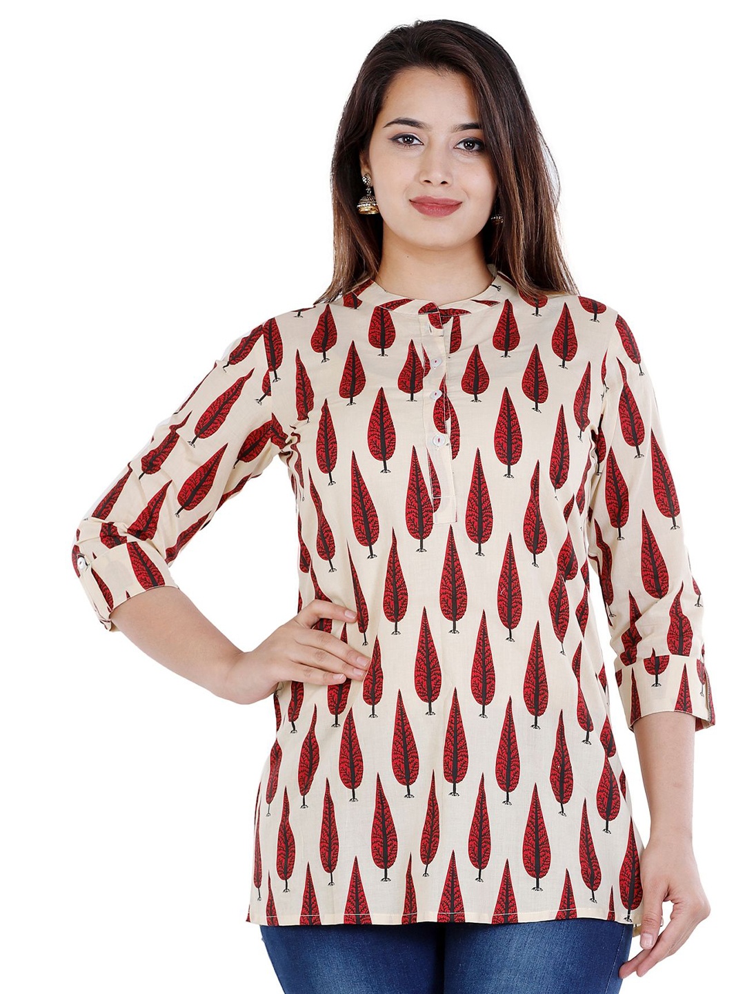 

NNAVDHA Women Floral Printed Cotton Top, Beige