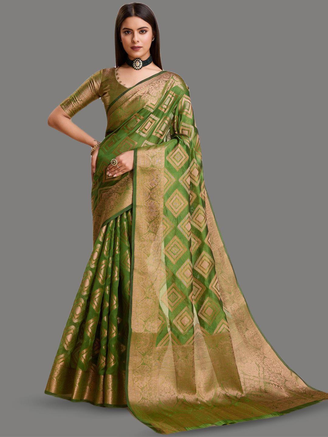 

yourwish Woven Design Zari Organza Banarasi Saree, Olive