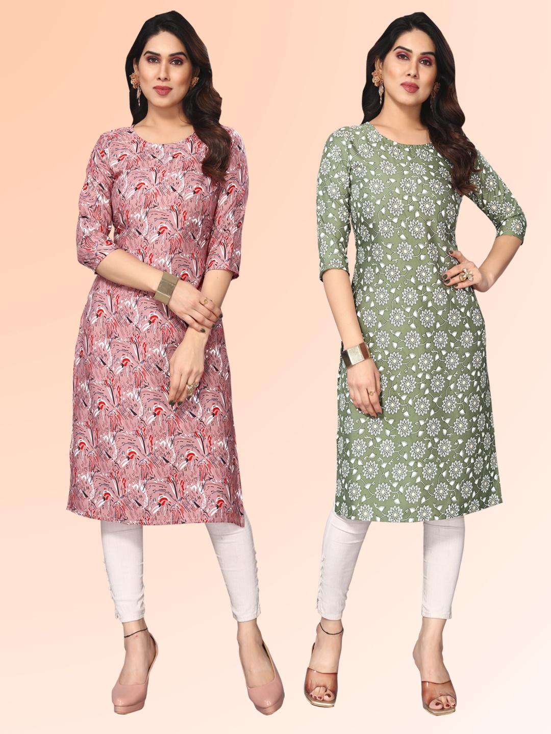 

KETAKI FASHION Selection Of 2 Floral Printed Round Neck Kurtas, Pink
