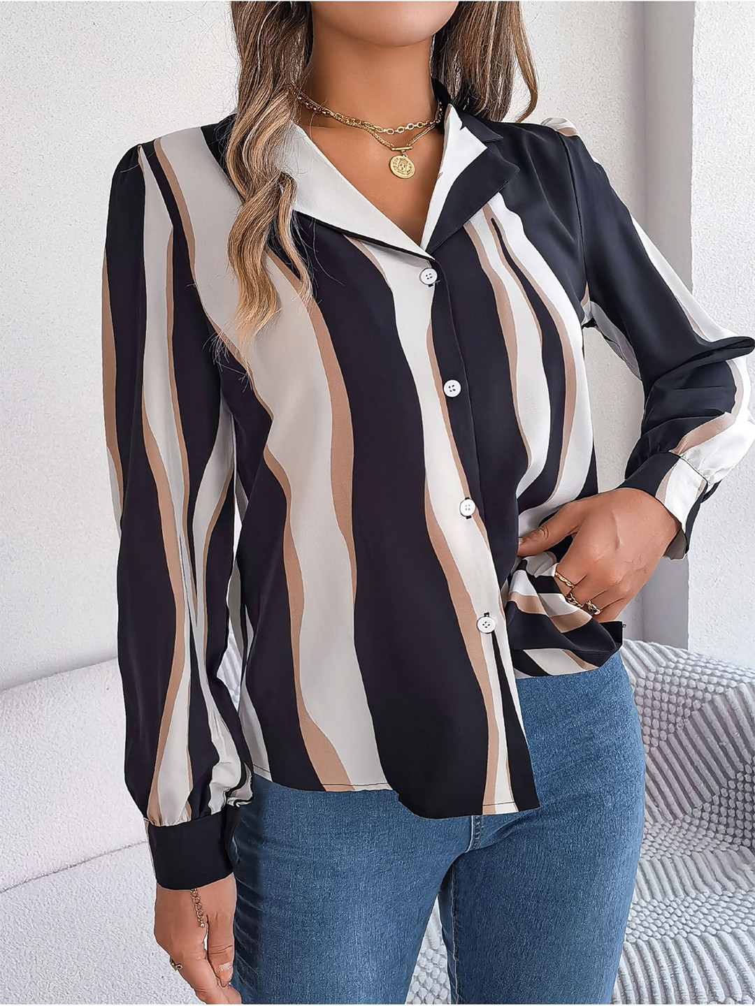 

StyleCast x Revolte Women Cuban Collar Vertical Striped Casual Shirt, Black