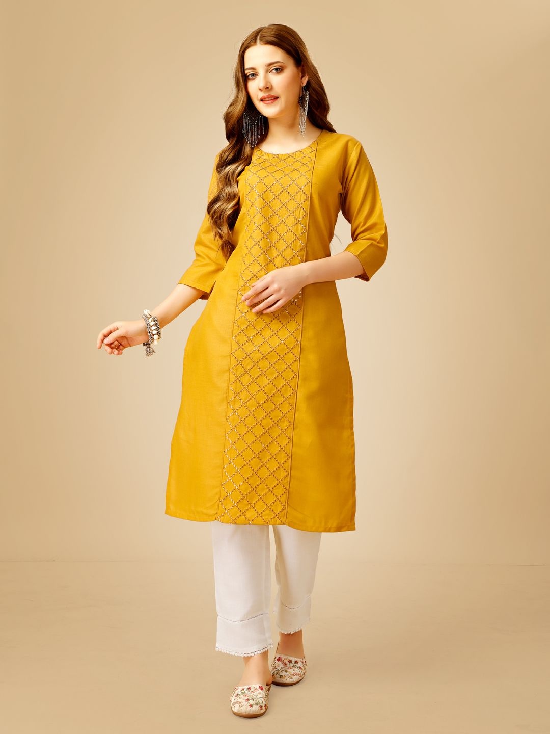 

BERISTON Checked Embroidered Sequinned Straight Kurta With Trouser, Yellow