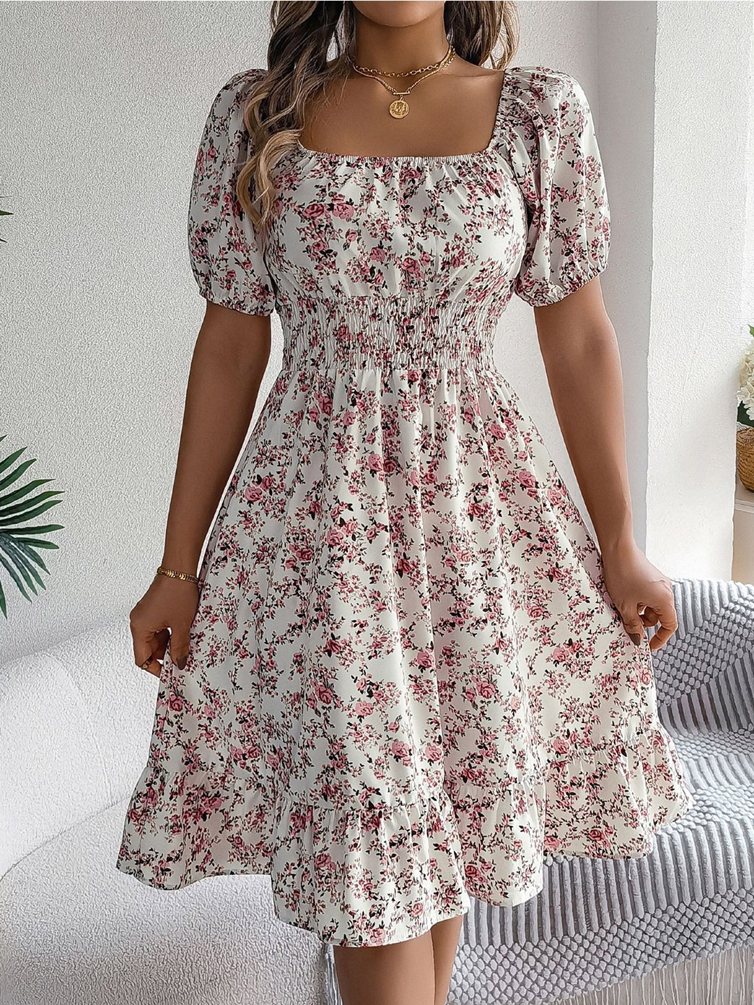 

StyleCast x Revolte Women Floral Printed Square Neck Fit and Flare Dress, White