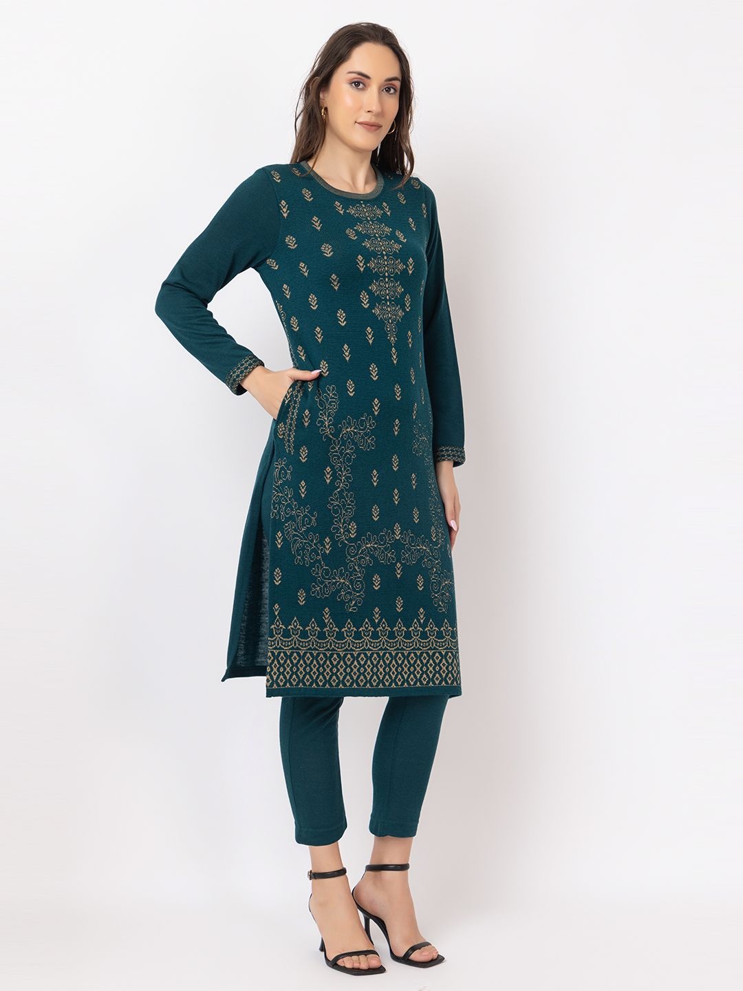 

KEIKO Women Geometric Flared Sleeves Thread Work Jacquard Kurta, Teal