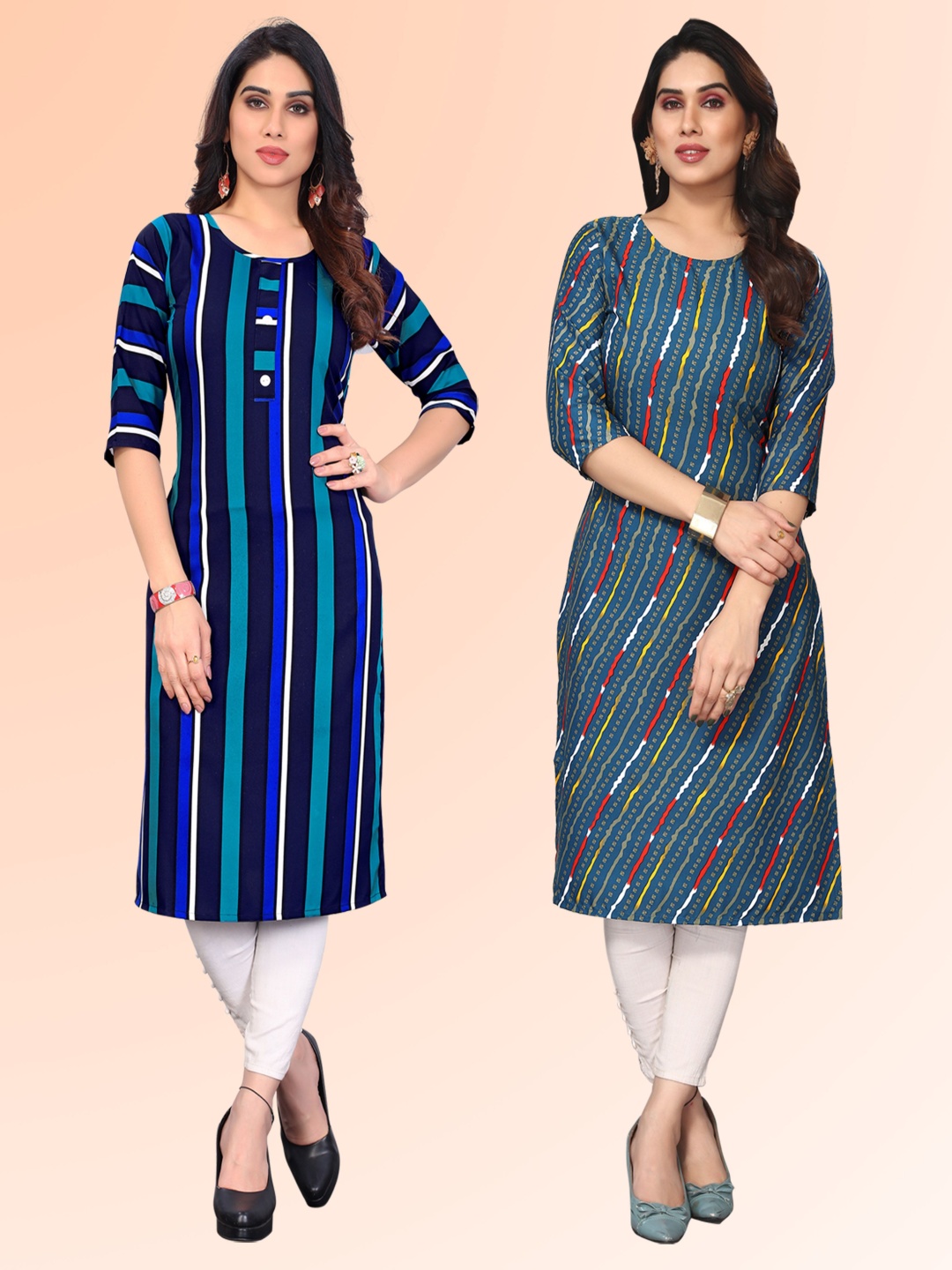 

KETAKI FASHION Selection Of 2 Striped Printed Round Neck Straight Kurtas, Blue