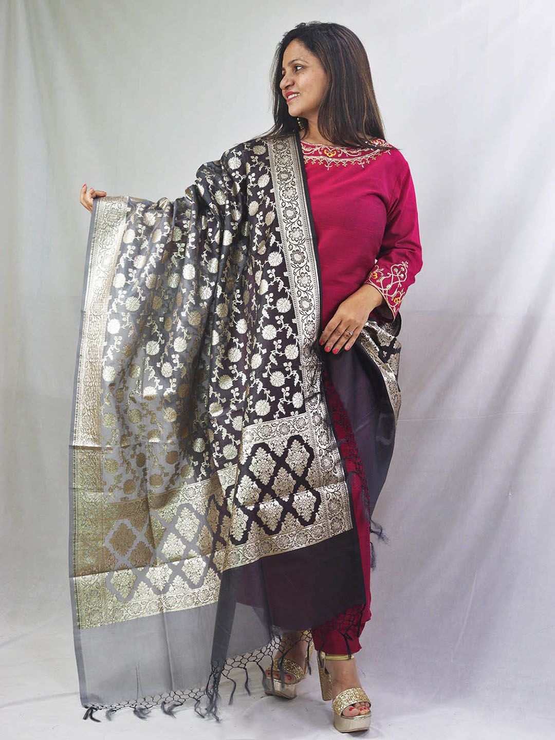 

Luxurionworld Ethnic Motifs Woven Design Organza Dupatta, Grey