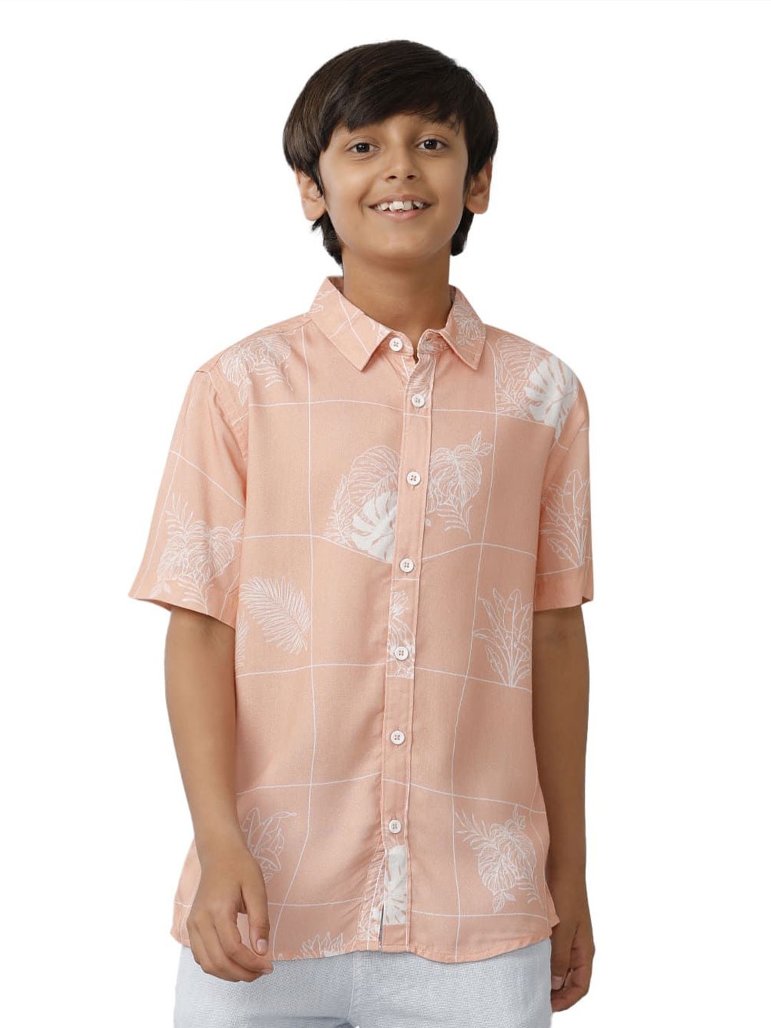 

UNDER FOURTEEN ONLY Boys Spread Collar Floral Printed Casual Shirt, Peach