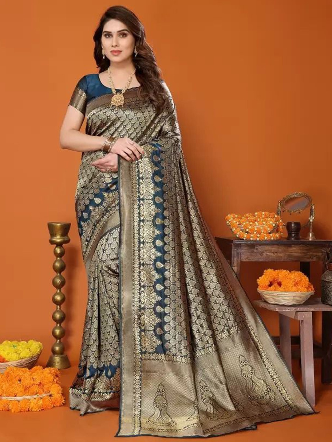 

SAADHVI Ethnic Motifs Woven Design Pure Silk Saree, Blue