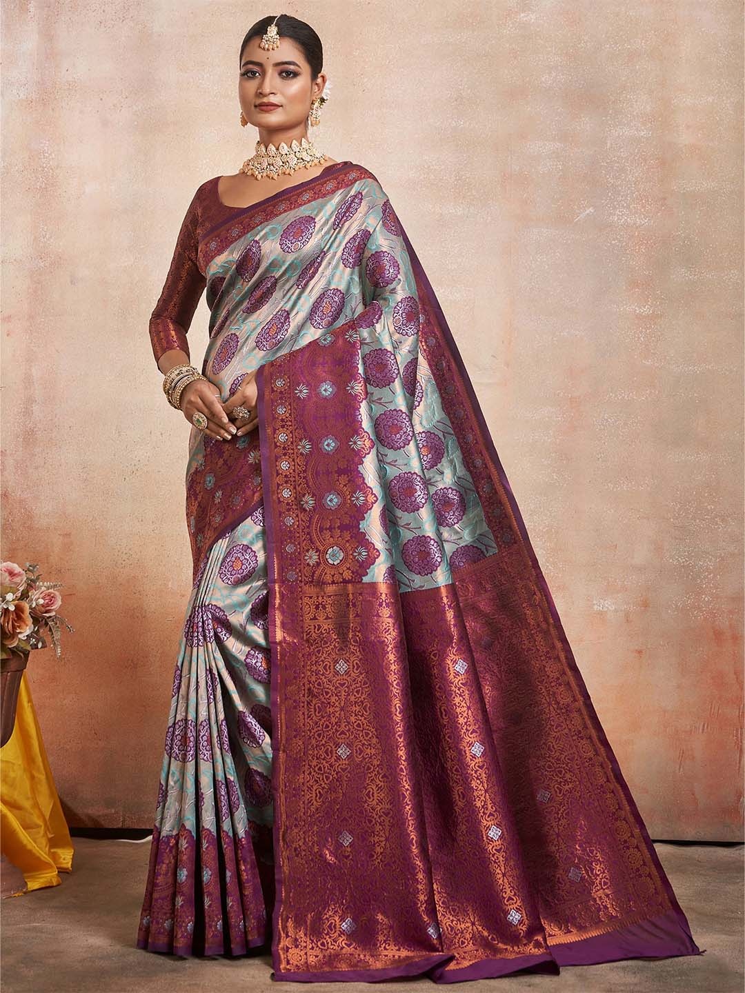 

Taslar Woven Design Zari Pure Silk Banarasi Saree, Purple