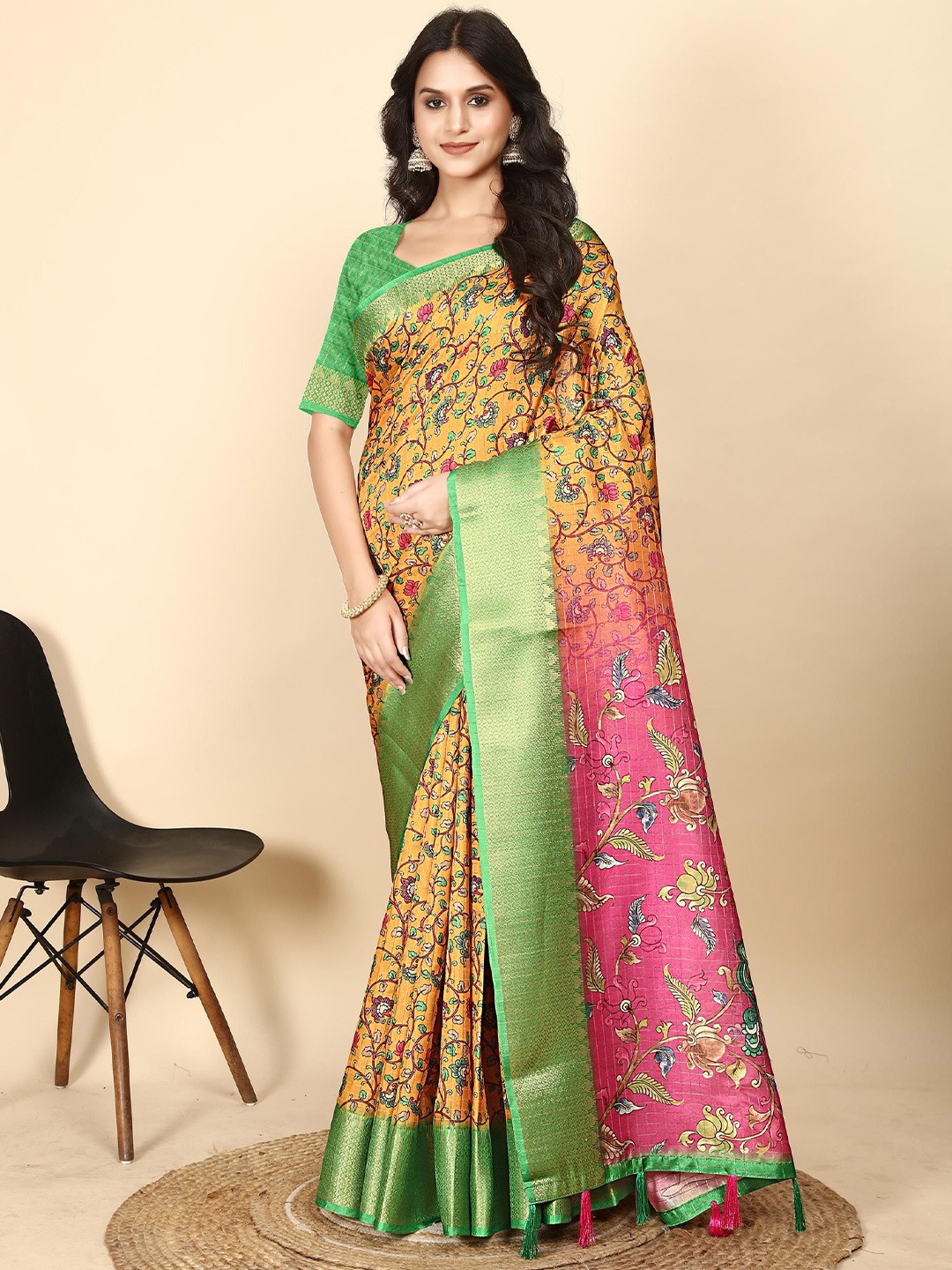 

J 6 DESIGNER Floral Printed Zari Block Print Saree, Yellow