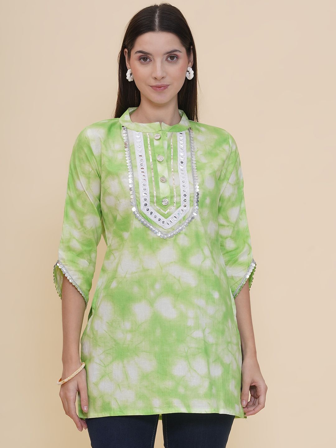 

Modish Couture Women Self Design Mandarin Collar Printed Tunic, Green