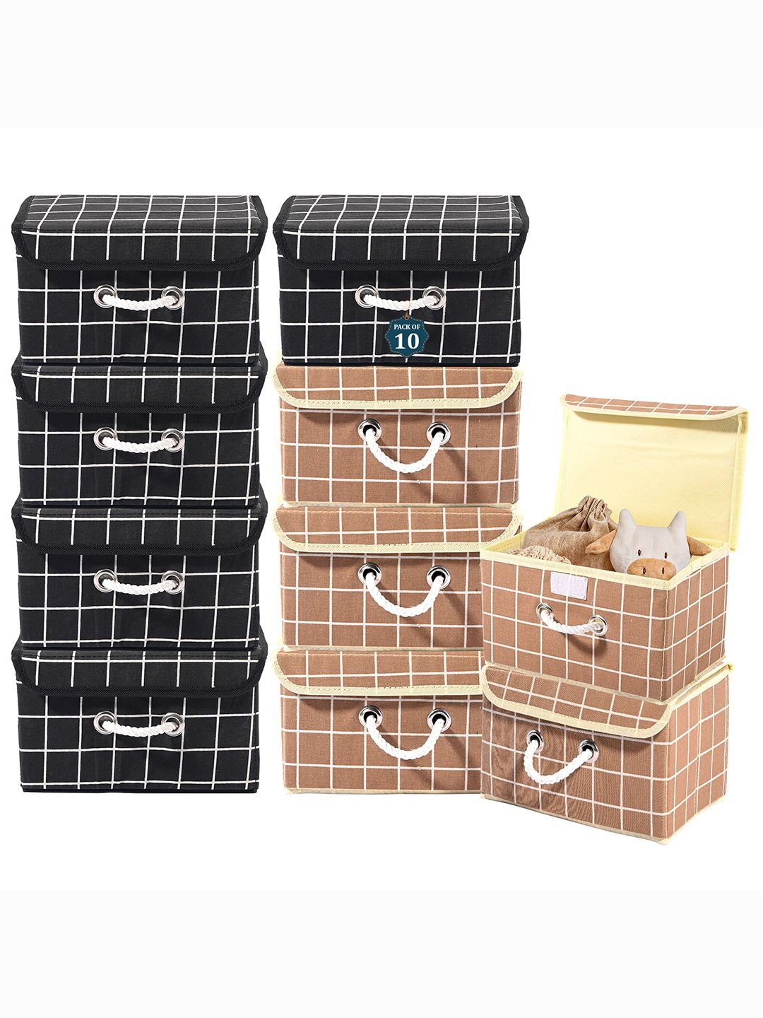 

Kuber Industries Brown Set of 10 Reusable Drawer Organiser Printed Storage Basket