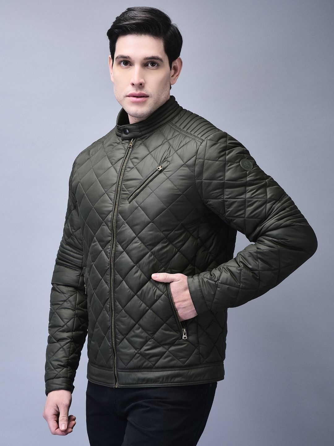 

Woodland Men Mandarin Collar Solid Casual Quilted Jacket, Olive