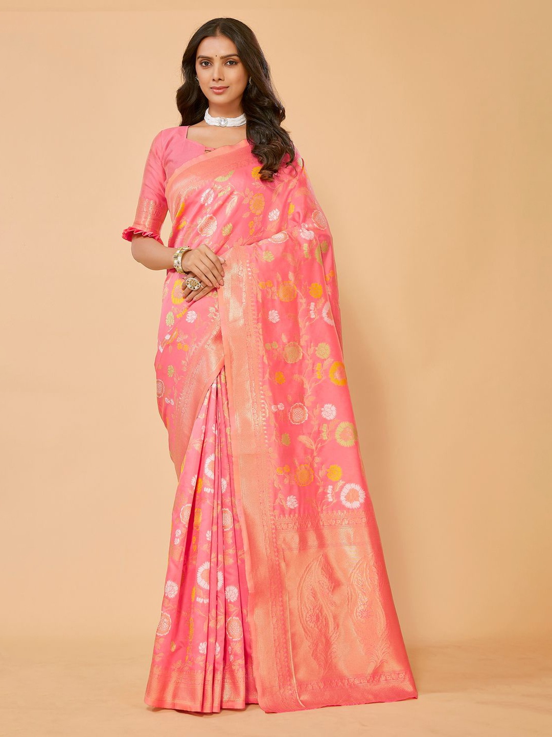 

Krimmple Women Ethnic Motifs Zari Kanjeevaram Saree, Peach