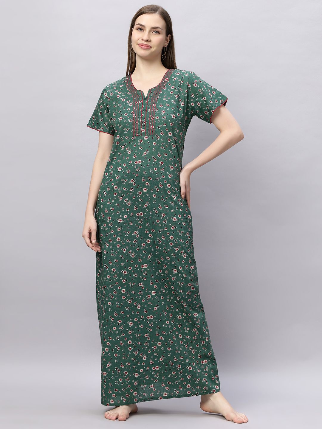

QUIRA Women Floral Printed Maxi Nightdress, Green