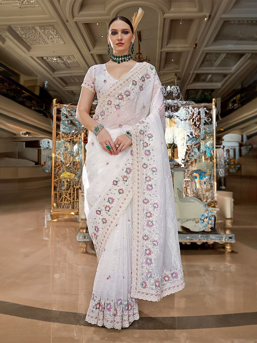 

MySilkLove Embroidered Ethnic Motifs Embellished Beads and Stones Saree, White