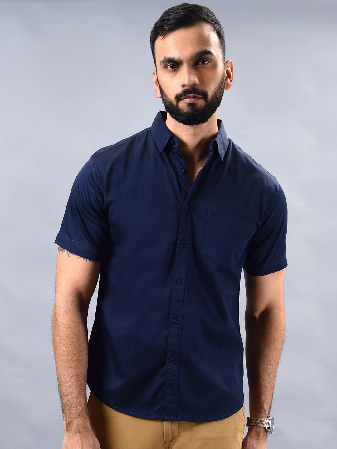 

Greenfibre Men Spread Collar Solid Cotton Casual Shirt, Navy blue